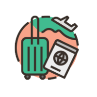 Icône de voyage représentant une valise, un passeport et un avion devant un globe terrestre.