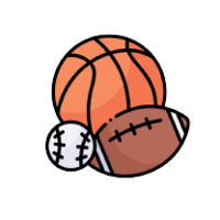 Icône de trois ballons de sport, incluant un ballon de basketball, un ballon de football américain et une balle de baseball.
